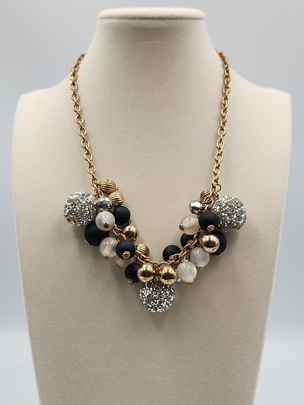 Statement Gold Chain Necklace with Black, White and Crystal Beads